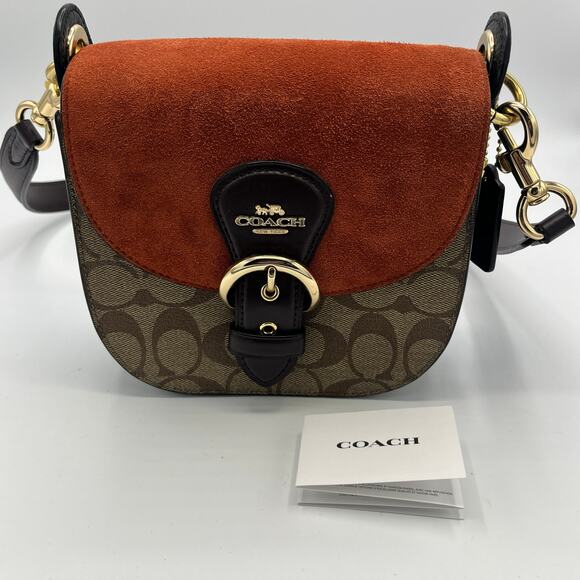 Coach C5691 Kleo Shoulder Bag 17 Signature Canvas Black Leather Orange Suede - Picture 1 of 14